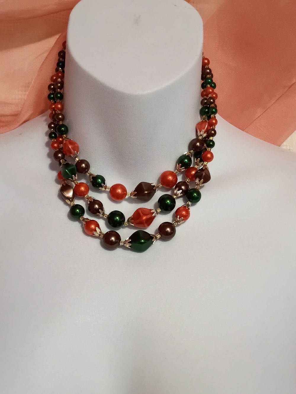 Vintage Green and Orange Multi-Strand Beaded Necklace